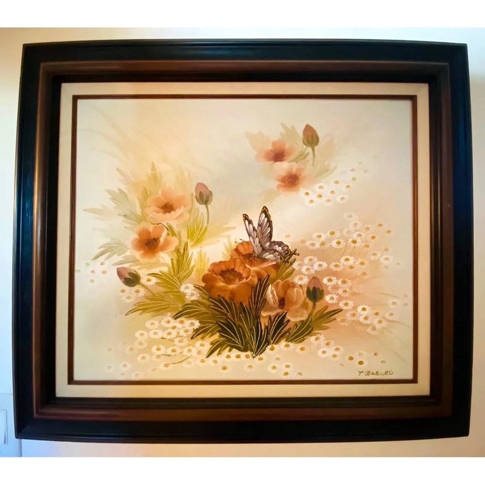 Vintage Painting framed pastel flowers butterflies T. Wilburg 32" x 28"